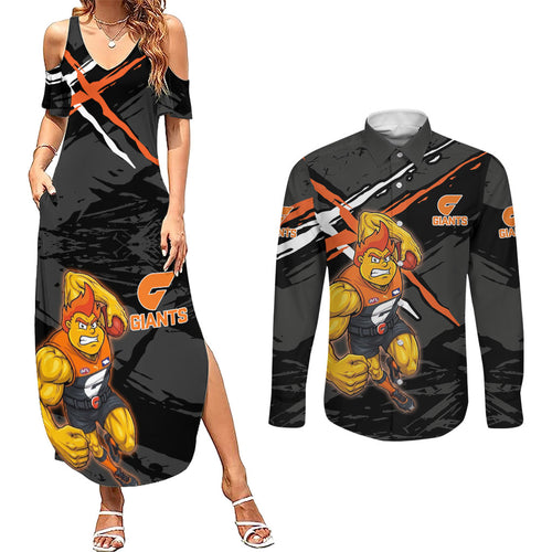 Greater Western Sydney Giants Couples Matching Summer Maxi Dress and Long Sleeve Button Shirt Orange Muscular Mascot Graphic - Abstract Paint Splatter Art