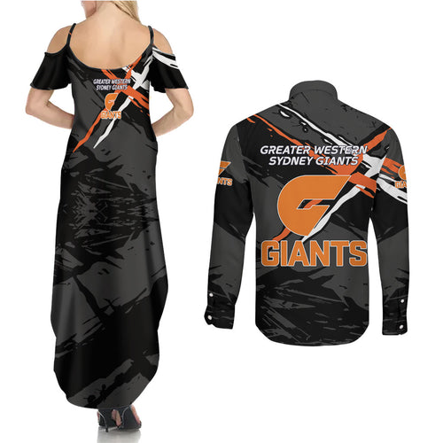 Greater Western Sydney Giants Couples Matching Summer Maxi Dress and Long Sleeve Button Shirt Orange Muscular Mascot Graphic - Abstract Paint Splatter Art