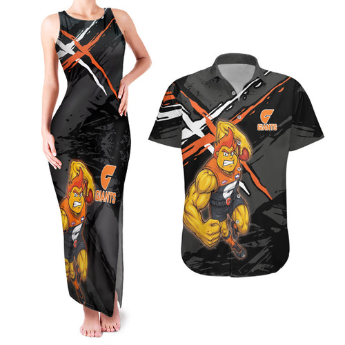 Greater Western Sydney Giants Couples Matching Tank Maxi Dress and Hawaiian Shirt Orange Muscular Mascot Graphic - Abstract Paint Splatter Art