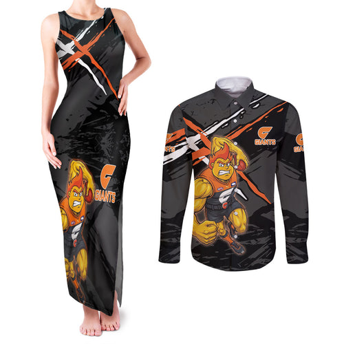 Greater Western Sydney Giants Couples Matching Tank Maxi Dress and Long Sleeve Button Shirt Orange Muscular Mascot Graphic - Abstract Paint Splatter Art