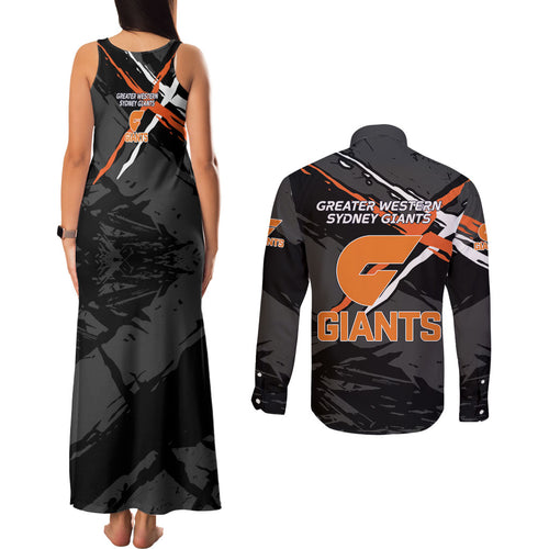 Greater Western Sydney Giants Couples Matching Tank Maxi Dress and Long Sleeve Button Shirt Orange Muscular Mascot Graphic - Abstract Paint Splatter Art