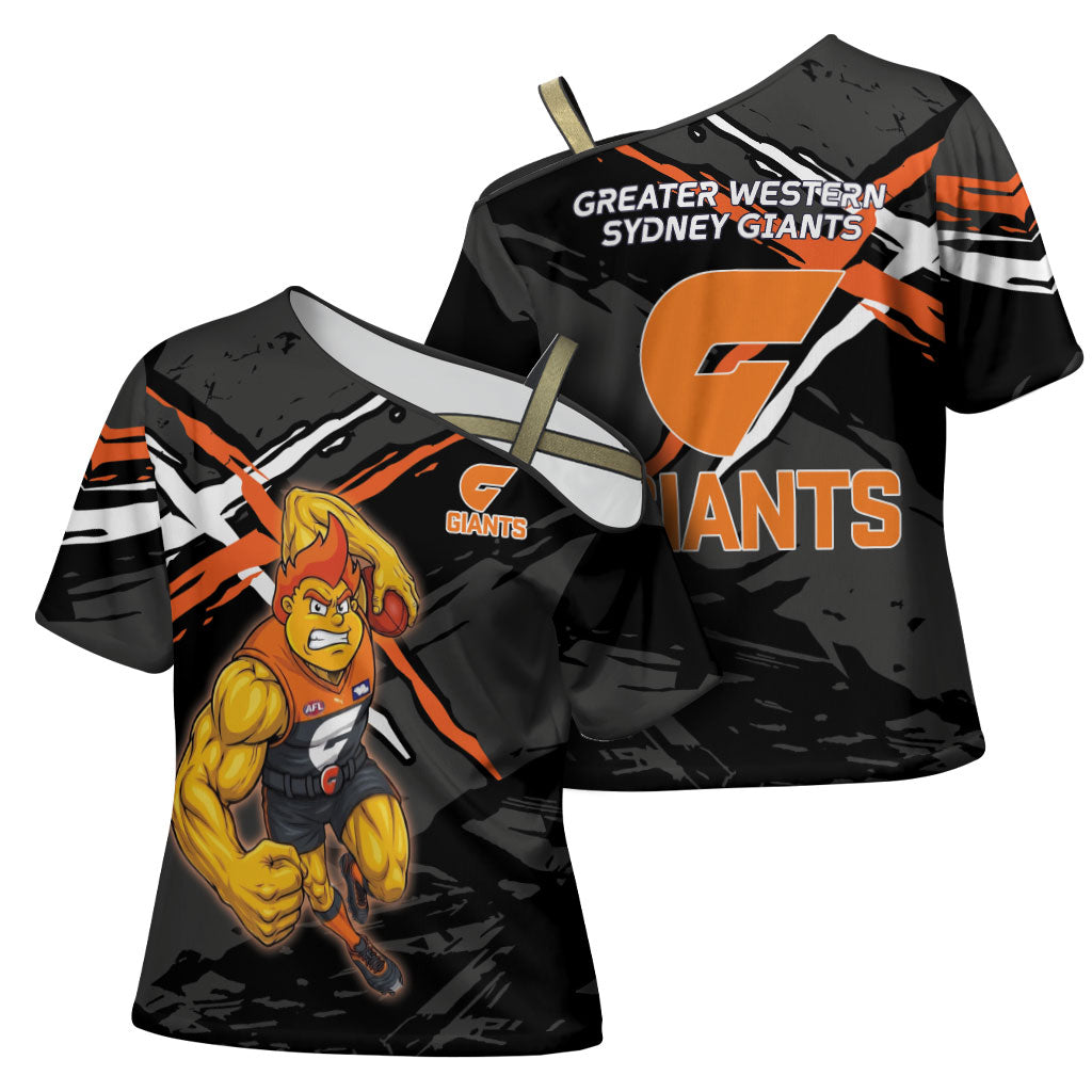 Greater Western Sydney Giants Cross Shoulder Shirt Orange Muscular Mascot Graphic - Abstract Paint Splatter Art