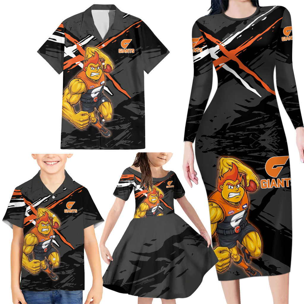Greater Western Sydney Giants Family Matching Long Sleeve Bodycon Dress and Hawaiian Shirt Orange Muscular Mascot Graphic - Abstract Paint Splatter Art
