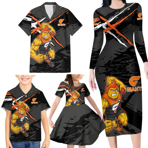 Greater Western Sydney Giants Family Matching Long Sleeve Bodycon Dress and Hawaiian Shirt Orange Muscular Mascot Graphic - Abstract Paint Splatter Art