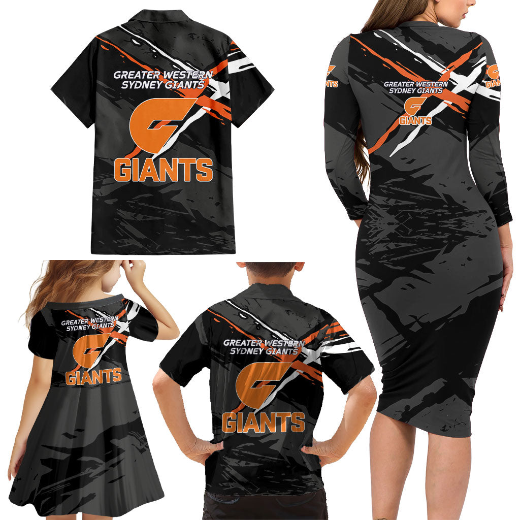 Greater Western Sydney Giants Family Matching Long Sleeve Bodycon Dress and Hawaiian Shirt Orange Muscular Mascot Graphic - Abstract Paint Splatter Art