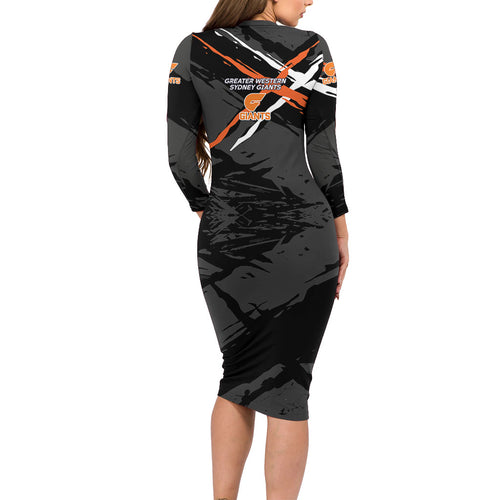 Greater Western Sydney Giants Family Matching Long Sleeve Bodycon Dress and Hawaiian Shirt Orange Muscular Mascot Graphic - Abstract Paint Splatter Art