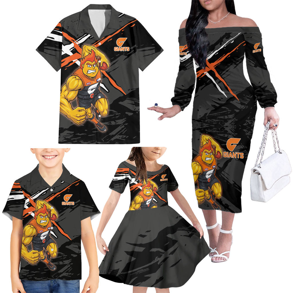 Greater Western Sydney Giants Family Matching Off The Shoulder Long Sleeve Dress and Hawaiian Shirt Orange Muscular Mascot Graphic - Abstract Paint Splatter Art