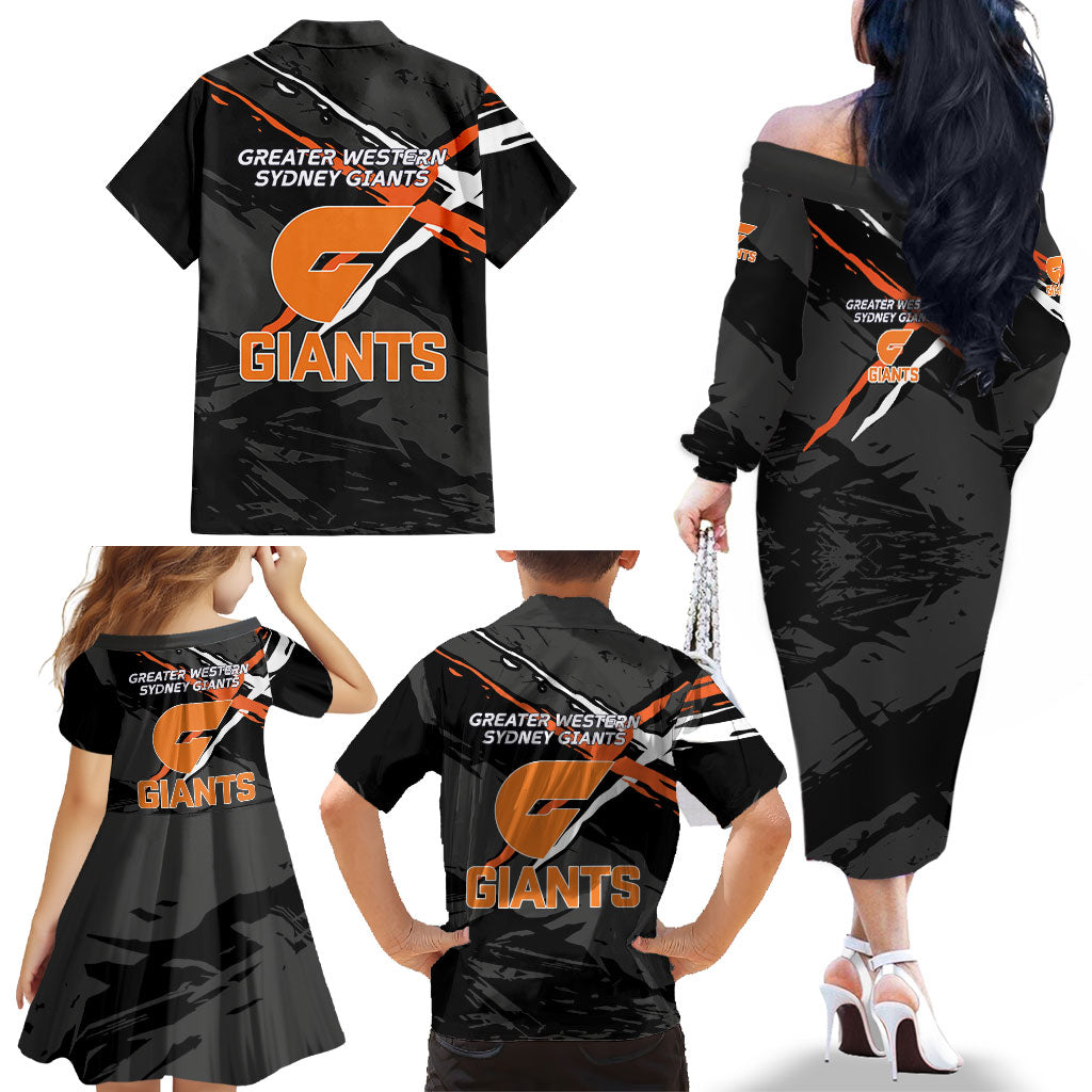 Greater Western Sydney Giants Family Matching Off The Shoulder Long Sleeve Dress and Hawaiian Shirt Orange Muscular Mascot Graphic - Abstract Paint Splatter Art
