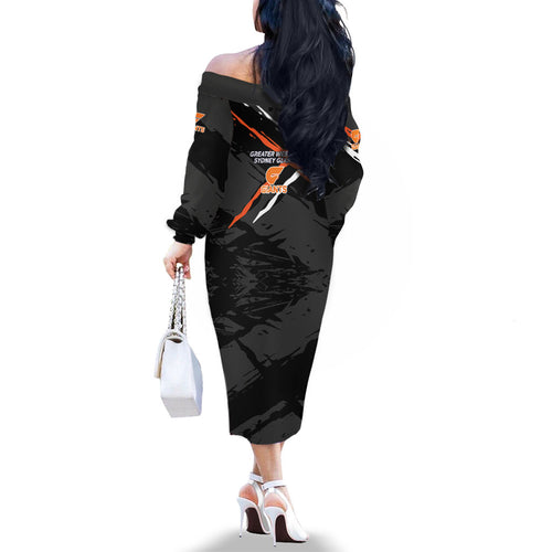 Greater Western Sydney Giants Family Matching Off The Shoulder Long Sleeve Dress and Hawaiian Shirt Orange Muscular Mascot Graphic - Abstract Paint Splatter Art
