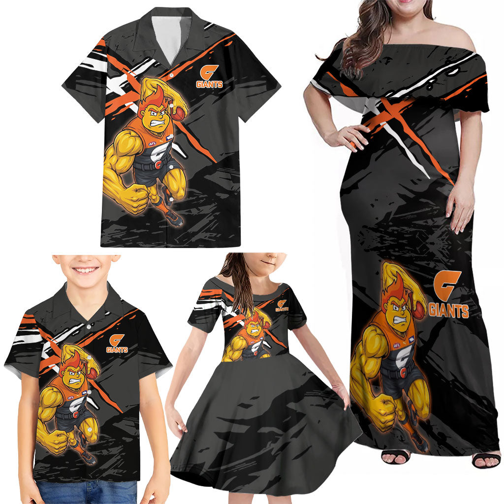 Greater Western Sydney Giants Family Matching Off Shoulder Maxi Dress and Hawaiian Shirt Orange Muscular Mascot Graphic - Abstract Paint Splatter Art