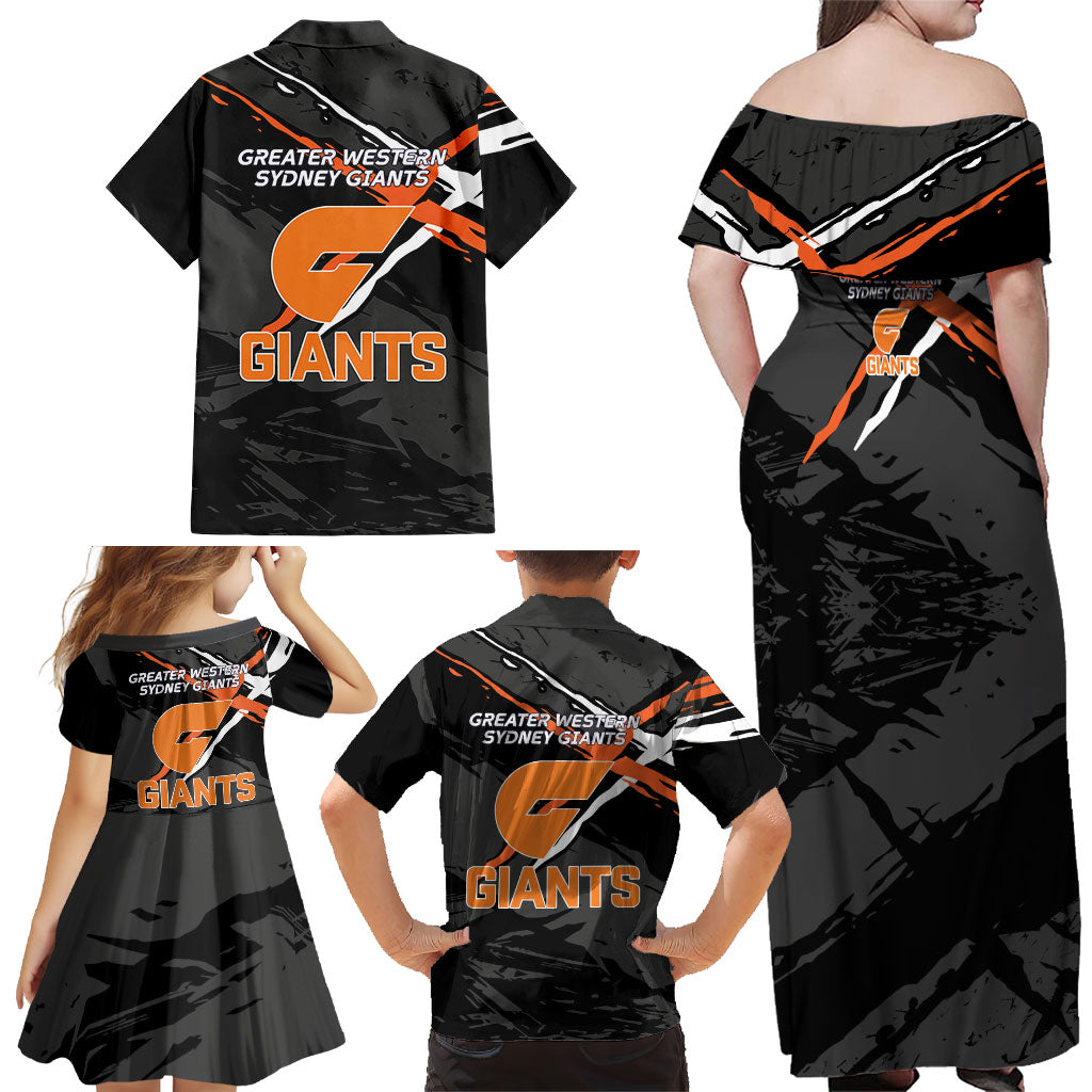 Greater Western Sydney Giants Family Matching Off Shoulder Maxi Dress and Hawaiian Shirt Orange Muscular Mascot Graphic - Abstract Paint Splatter Art