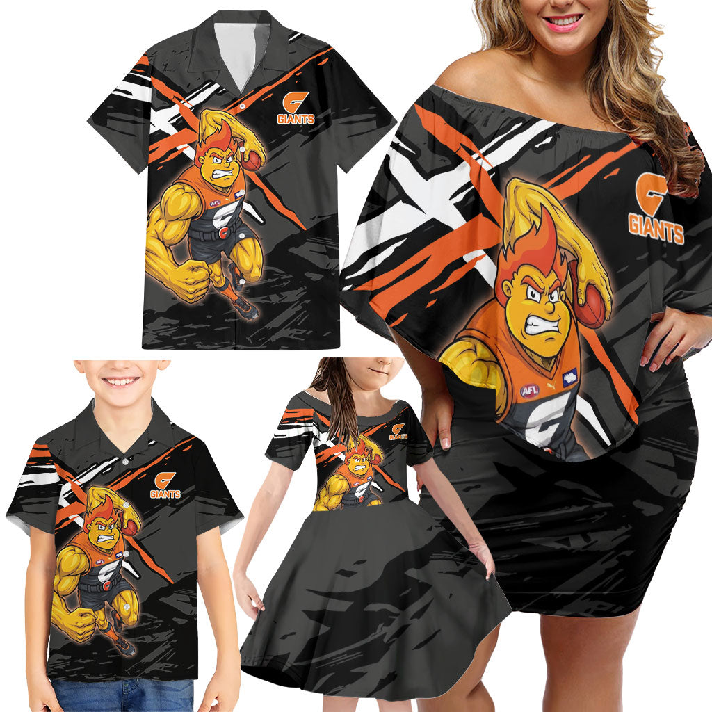 Greater Western Sydney Giants Family Matching Off Shoulder Short Dress and Hawaiian Shirt Orange Muscular Mascot Graphic - Abstract Paint Splatter Art