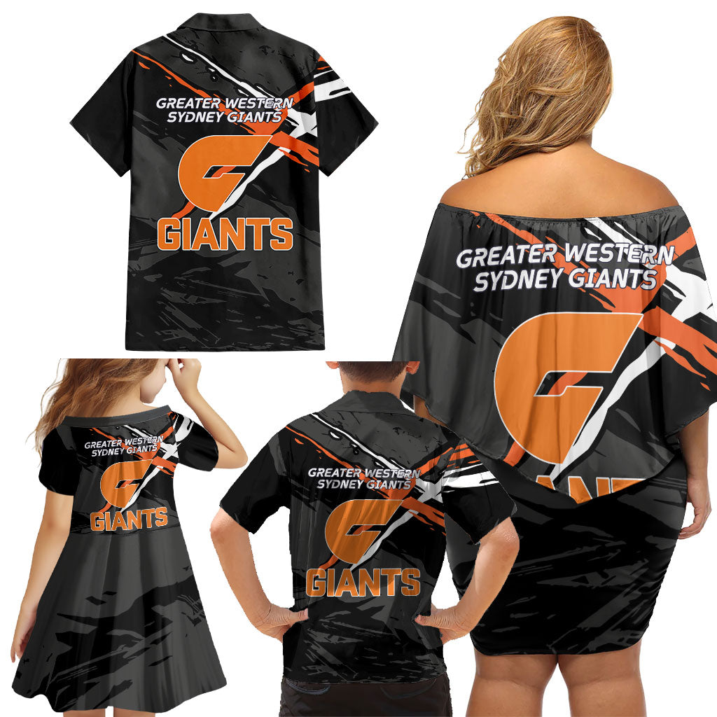 Greater Western Sydney Giants Family Matching Off Shoulder Short Dress and Hawaiian Shirt Orange Muscular Mascot Graphic - Abstract Paint Splatter Art