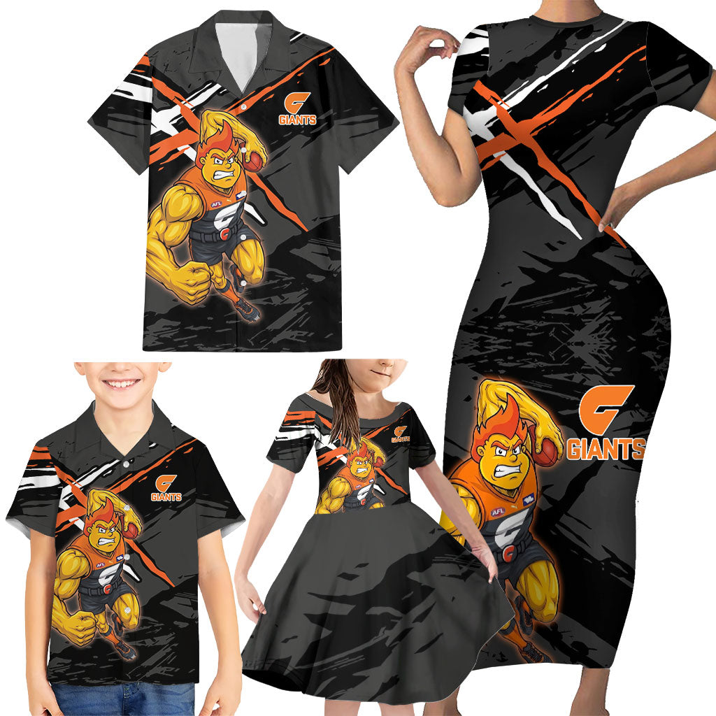 Greater Western Sydney Giants Family Matching Short Sleeve Bodycon Dress and Hawaiian Shirt Orange Muscular Mascot Graphic - Abstract Paint Splatter Art