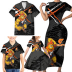 Greater Western Sydney Giants Family Matching Short Sleeve Bodycon Dress and Hawaiian Shirt Orange Muscular Mascot Graphic - Abstract Paint Splatter Art