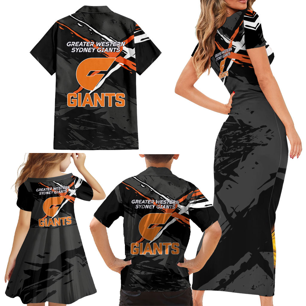 Greater Western Sydney Giants Family Matching Short Sleeve Bodycon Dress and Hawaiian Shirt Orange Muscular Mascot Graphic - Abstract Paint Splatter Art