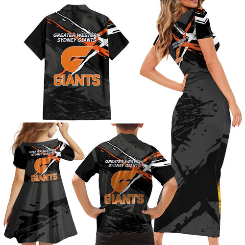 Greater Western Sydney Giants Family Matching Short Sleeve Bodycon Dress and Hawaiian Shirt Orange Muscular Mascot Graphic - Abstract Paint Splatter Art