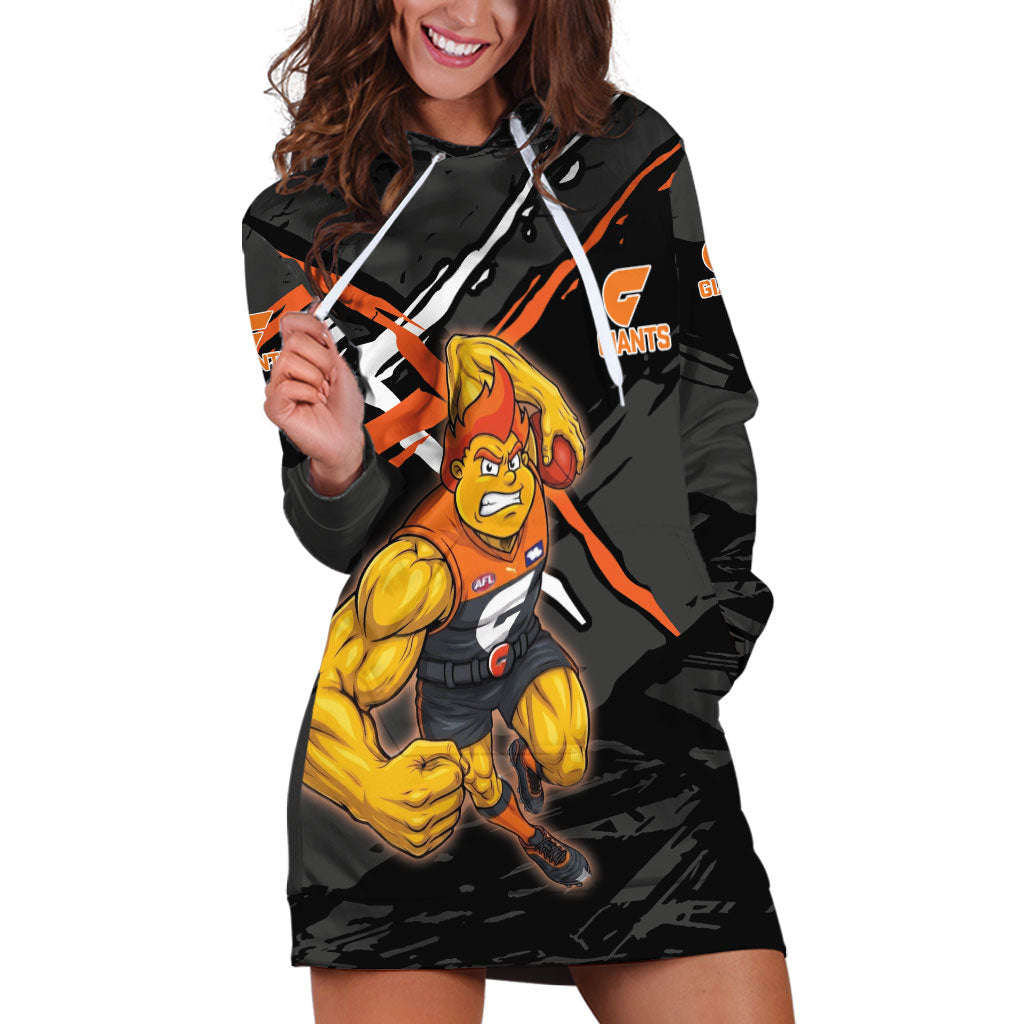 Greater Western Sydney Giants Hoodie Dress Orange Muscular Mascot Graphic - Abstract Paint Splatter Art