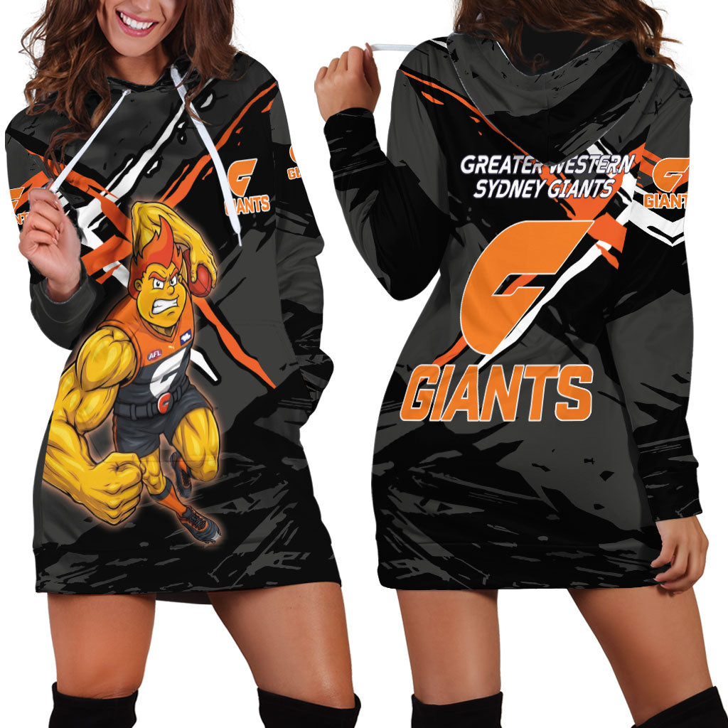 Greater Western Sydney Giants Hoodie Dress Orange Muscular Mascot Graphic - Abstract Paint Splatter Art