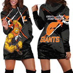 Greater Western Sydney Giants Hoodie Dress Orange Muscular Mascot Graphic - Abstract Paint Splatter Art