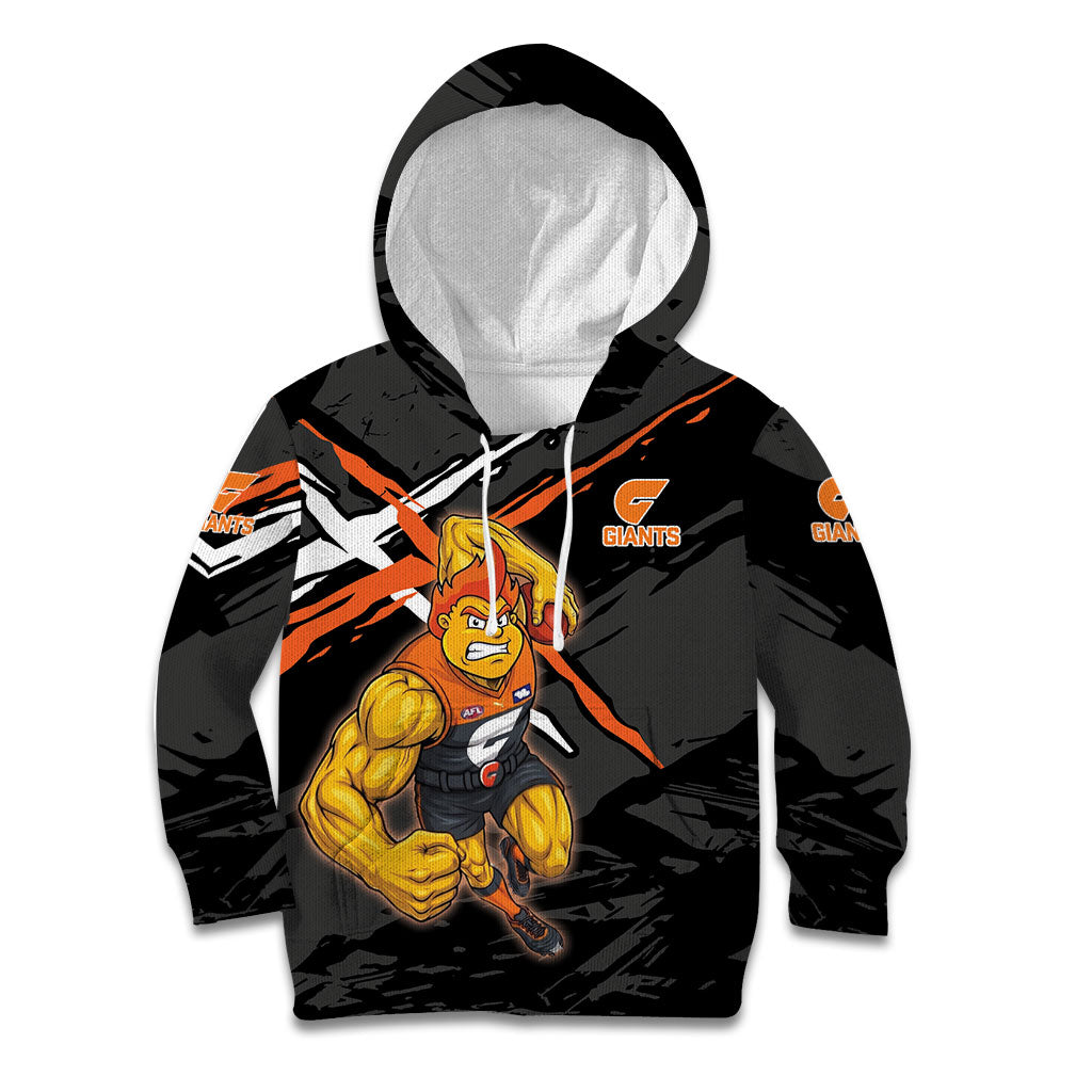 Greater Western Sydney Giants Kid Hoodie Orange Muscular Mascot Graphic - Abstract Paint Splatter Art