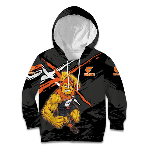 Greater Western Sydney Giants Kid Hoodie Orange Muscular Mascot Graphic - Abstract Paint Splatter Art