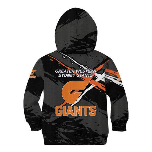 Greater Western Sydney Giants Kid Hoodie Orange Muscular Mascot Graphic - Abstract Paint Splatter Art