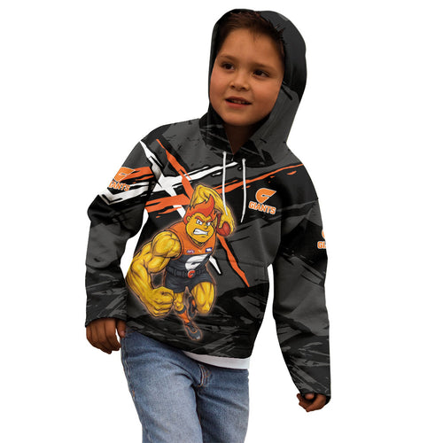 Greater Western Sydney Giants Kid Hoodie Orange Muscular Mascot Graphic - Abstract Paint Splatter Art