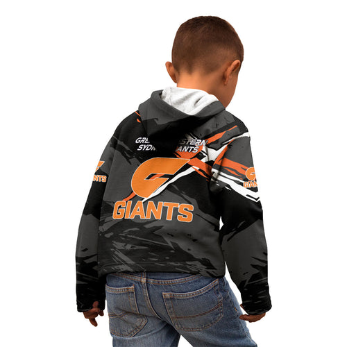 Greater Western Sydney Giants Kid Hoodie Orange Muscular Mascot Graphic - Abstract Paint Splatter Art