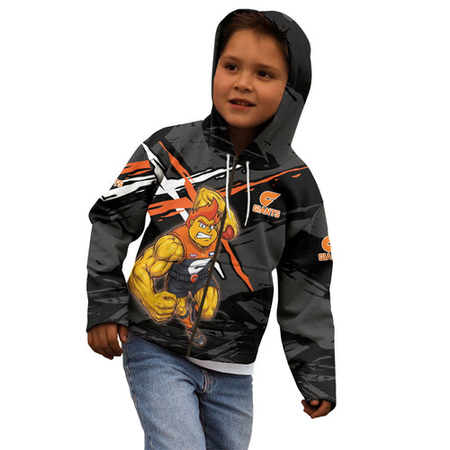 Greater Western Sydney Giants Kid Hoodie Orange Muscular Mascot Graphic - Abstract Paint Splatter Art