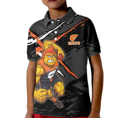 Greater Western Sydney Giants Kid Polo Shirt Orange Muscular Mascot Graphic - Abstract Paint Splatter Art