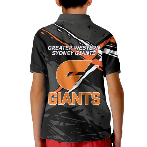 Greater Western Sydney Giants Kid Polo Shirt Orange Muscular Mascot Graphic - Abstract Paint Splatter Art