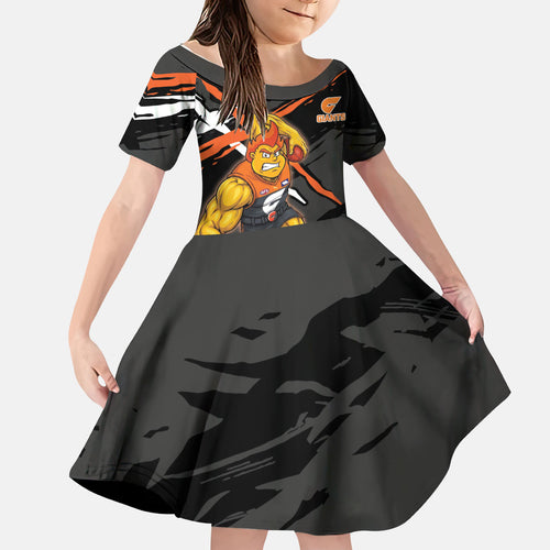 Greater Western Sydney Giants Kid Short Sleeve Dress Orange Muscular Mascot Graphic - Abstract Paint Splatter Art