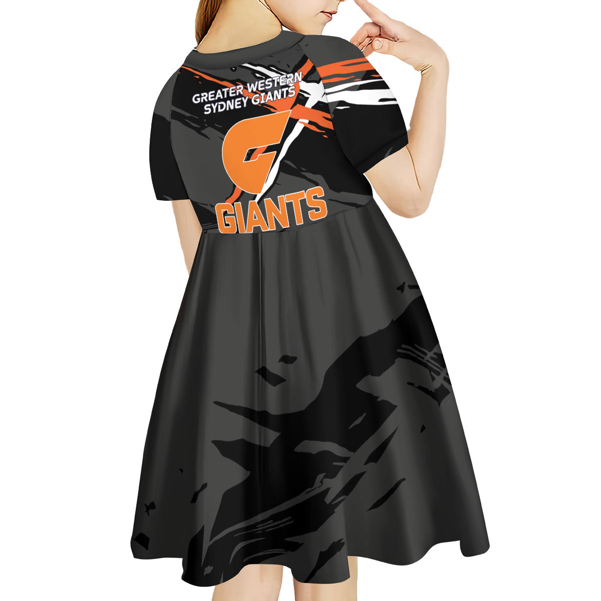 Greater Western Sydney Giants Kid Short Sleeve Dress Orange Muscular Mascot Graphic - Abstract Paint Splatter Art
