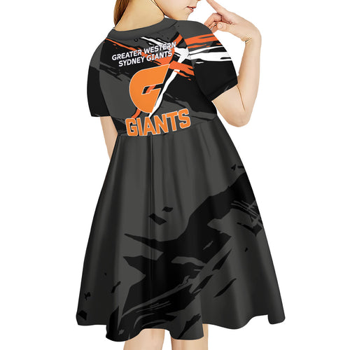 Greater Western Sydney Giants Kid Short Sleeve Dress Orange Muscular Mascot Graphic - Abstract Paint Splatter Art