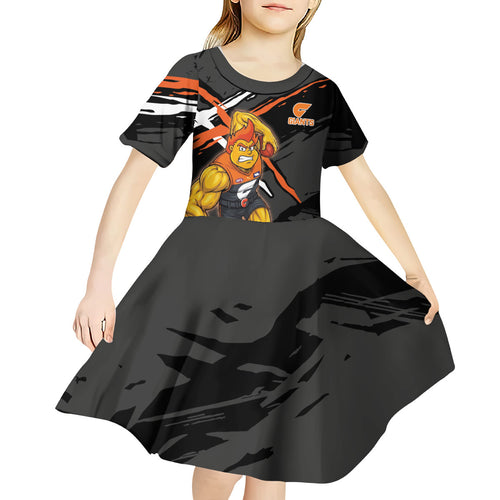 Greater Western Sydney Giants Kid Short Sleeve Dress Orange Muscular Mascot Graphic - Abstract Paint Splatter Art