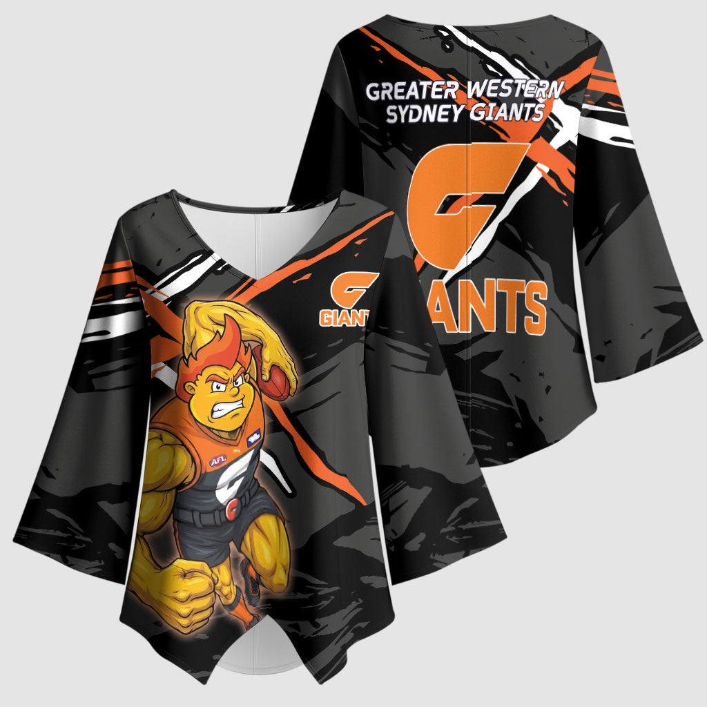Greater Western Sydney Giants Kimono Sleeve Blouse Orange Muscular Mascot Graphic - Abstract Paint Splatter Art