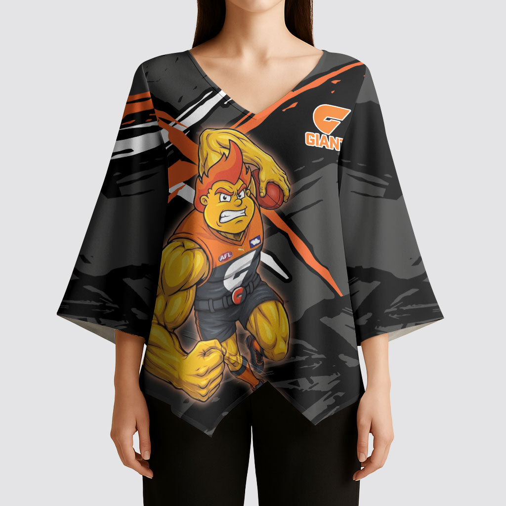 Greater Western Sydney Giants Kimono Sleeve Blouse Orange Muscular Mascot Graphic - Abstract Paint Splatter Art