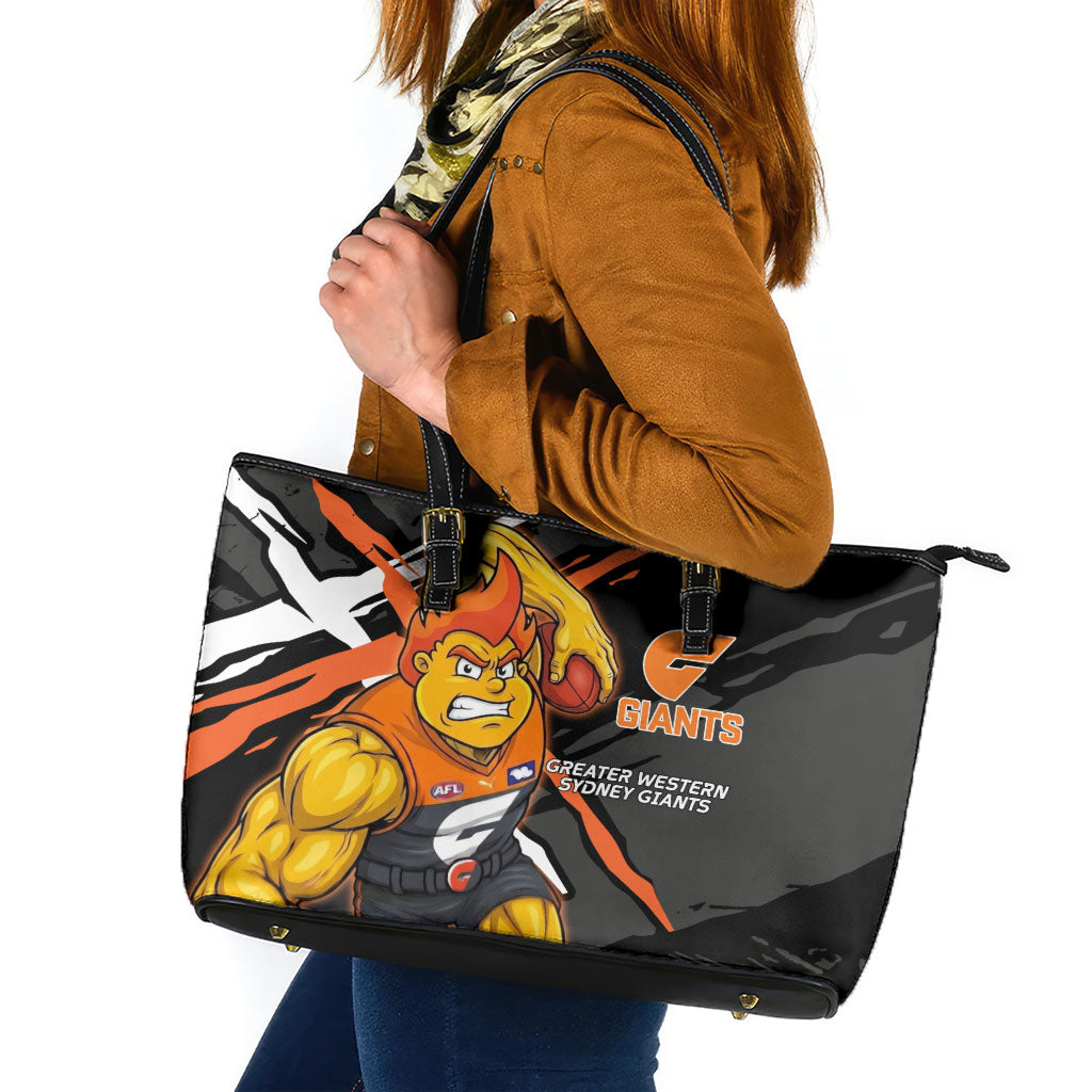 Greater Western Sydney Giants Leather Tote Bag Orange Muscular Mascot Graphic - Abstract Paint Splatter Art
