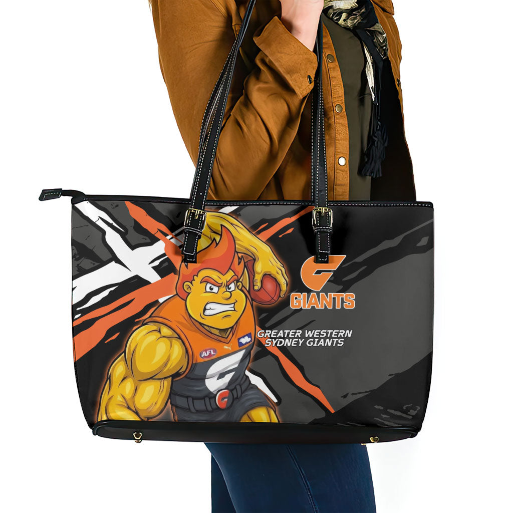 Greater Western Sydney Giants Leather Tote Bag Orange Muscular Mascot Graphic - Abstract Paint Splatter Art