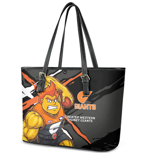 Greater Western Sydney Giants Leather Tote Bag Orange Muscular Mascot Graphic - Abstract Paint Splatter Art