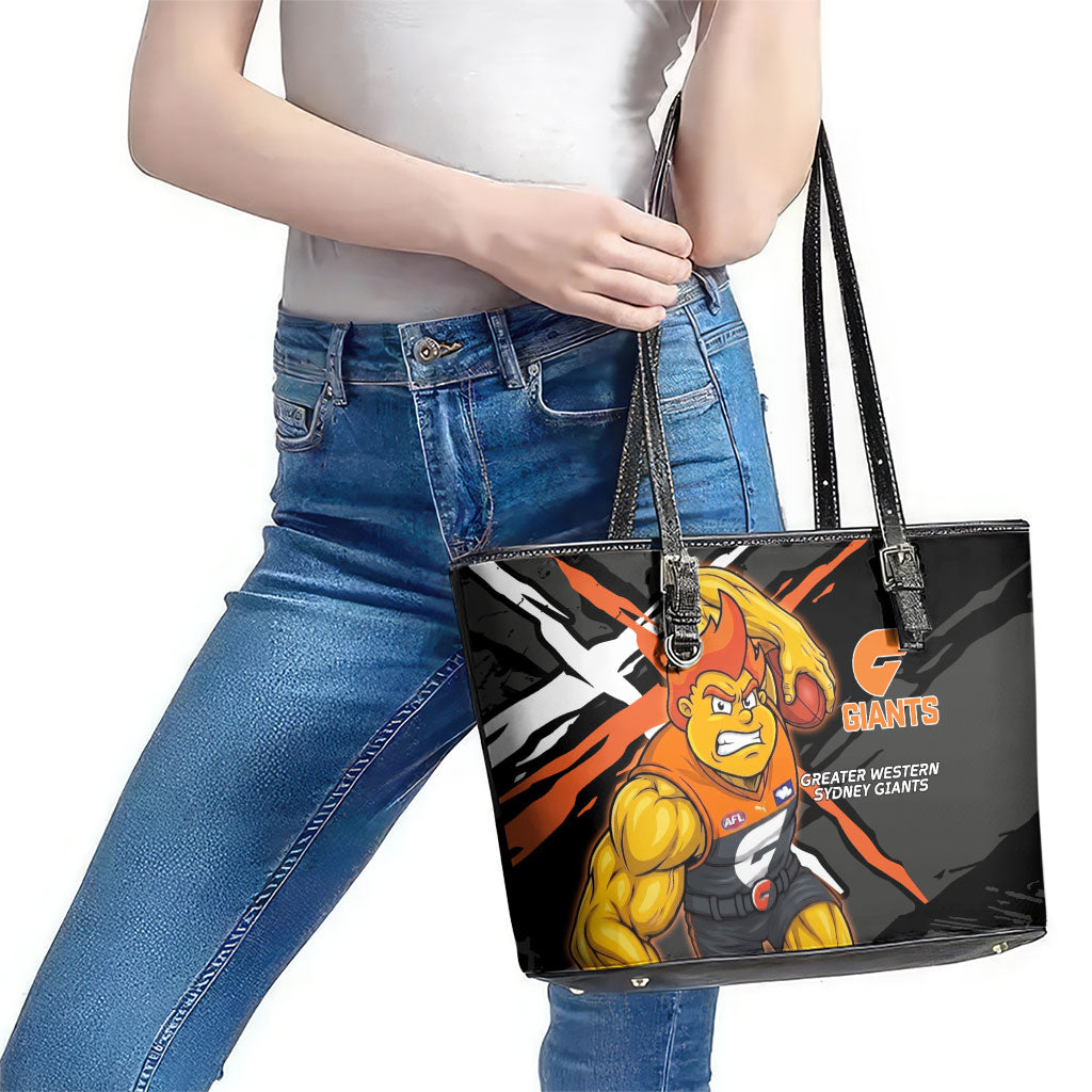 Greater Western Sydney Giants Leather Tote Bag Orange Muscular Mascot Graphic - Abstract Paint Splatter Art