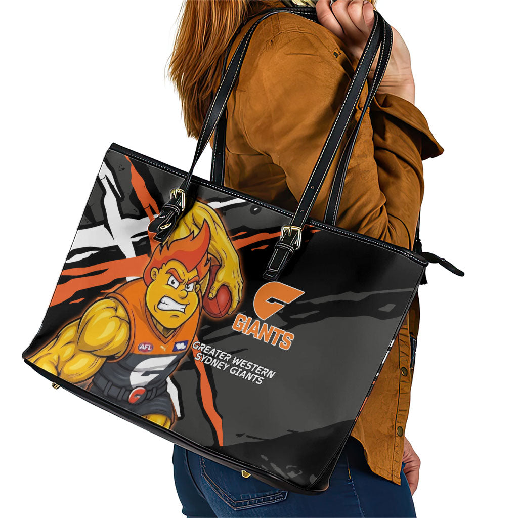 Greater Western Sydney Giants Leather Tote Bag Orange Muscular Mascot Graphic - Abstract Paint Splatter Art