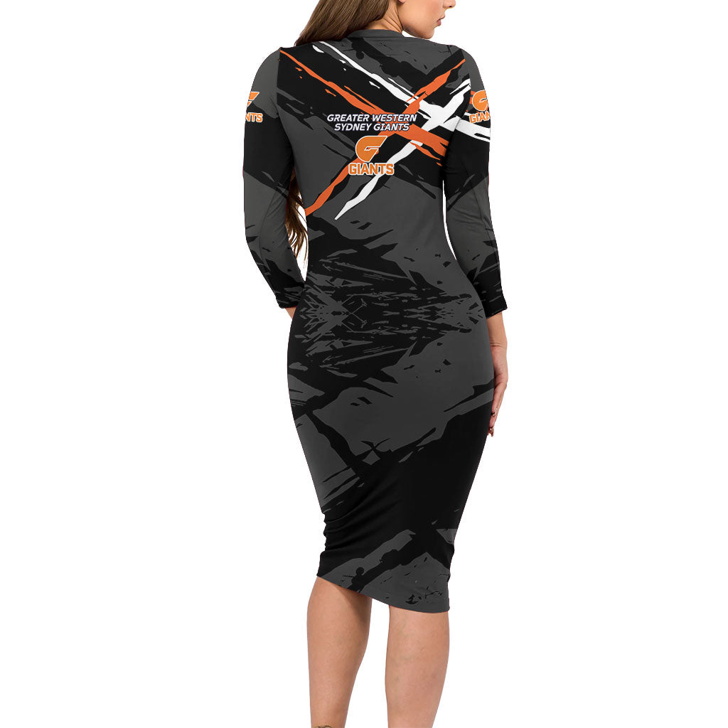 Greater Western Sydney Giants Long Sleeve Bodycon Dress Orange Muscular Mascot Graphic - Abstract Paint Splatter Art