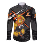 Greater Western Sydney Giants Long Sleeve Button Shirt Orange Muscular Mascot Graphic - Abstract Paint Splatter Art