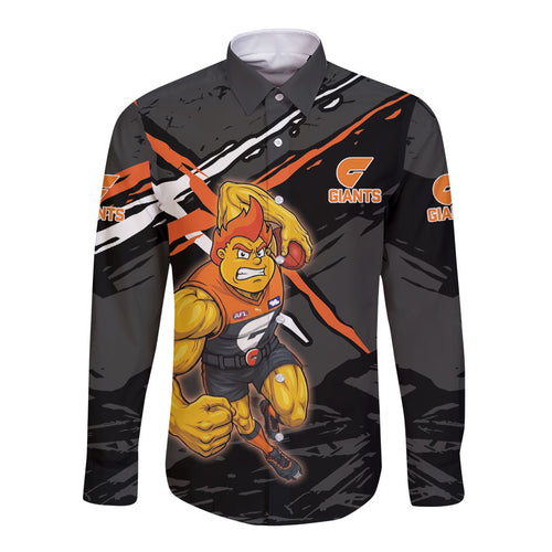 Greater Western Sydney Giants Long Sleeve Button Shirt Orange Muscular Mascot Graphic - Abstract Paint Splatter Art