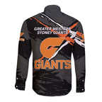 Greater Western Sydney Giants Long Sleeve Button Shirt Orange Muscular Mascot Graphic - Abstract Paint Splatter Art