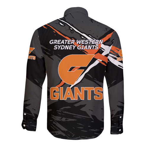 Greater Western Sydney Giants Long Sleeve Button Shirt Orange Muscular Mascot Graphic - Abstract Paint Splatter Art