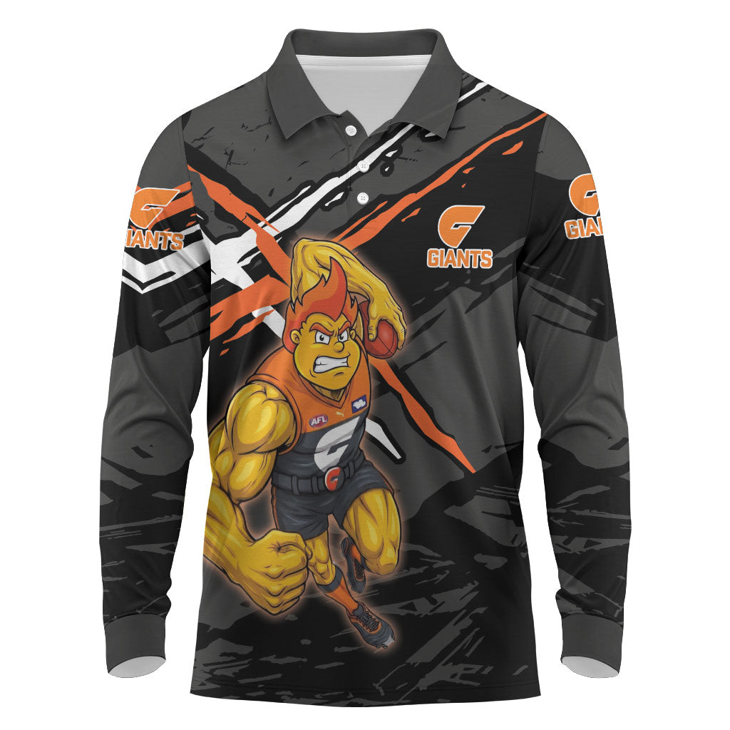 Greater Western Sydney Giants Long Sleeve Polo Shirt Orange Muscular Mascot Graphic - Abstract Paint Splatter Art