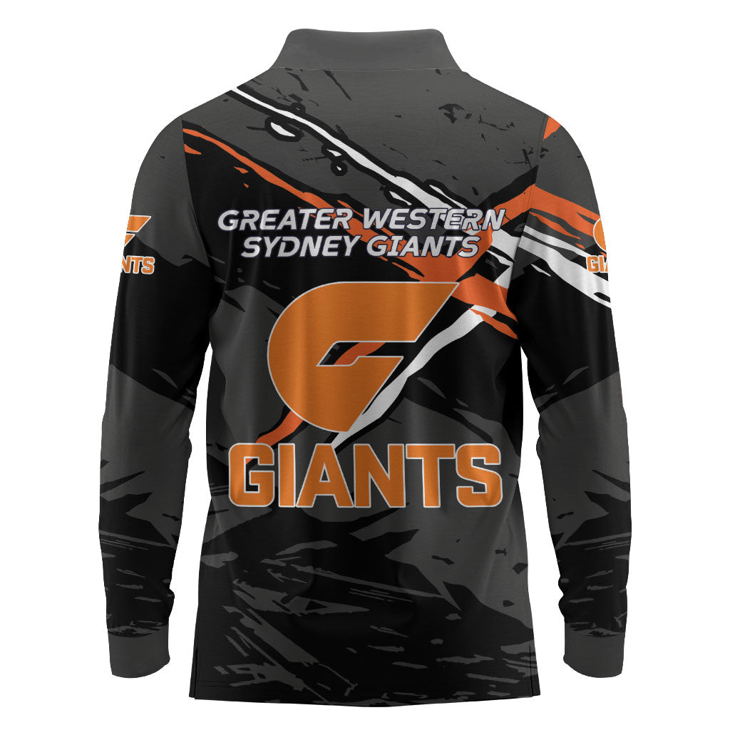 Greater Western Sydney Giants Long Sleeve Polo Shirt Orange Muscular Mascot Graphic - Abstract Paint Splatter Art